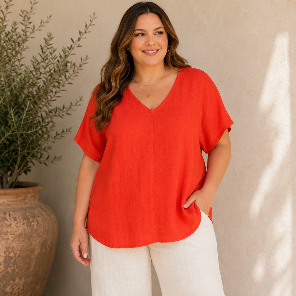 Tahari Linen Top Womens 2X Orange Red V Neck Short Sleeve Relaxed Tunic Blouse